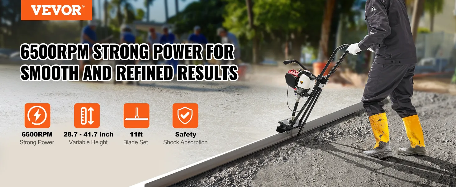 VEVOR gas concrete power screed in use smoothing gravel with strong 6500rpm engine and 11ft blade.