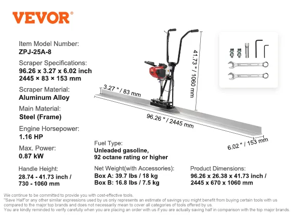 VEVOR gas concrete power screed with aluminum alloy scraper and 1.16 hp engine.