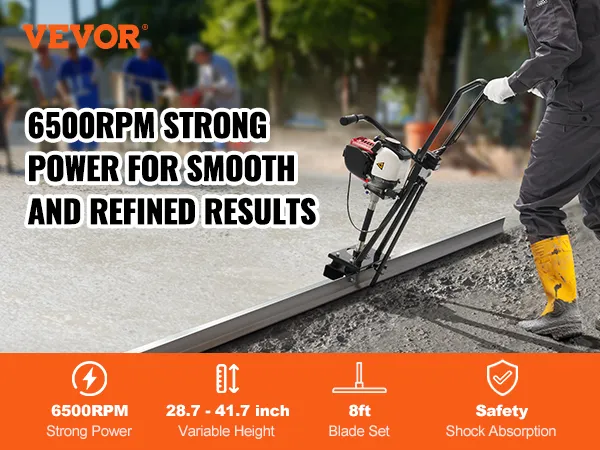 VEVOR gas concrete power screed with 6500rpm, 8ft blade, providing smooth and refined results.