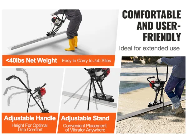 VEVOR gas concrete power screed, lightweight, adjustable handle, and stand for user comfort.
