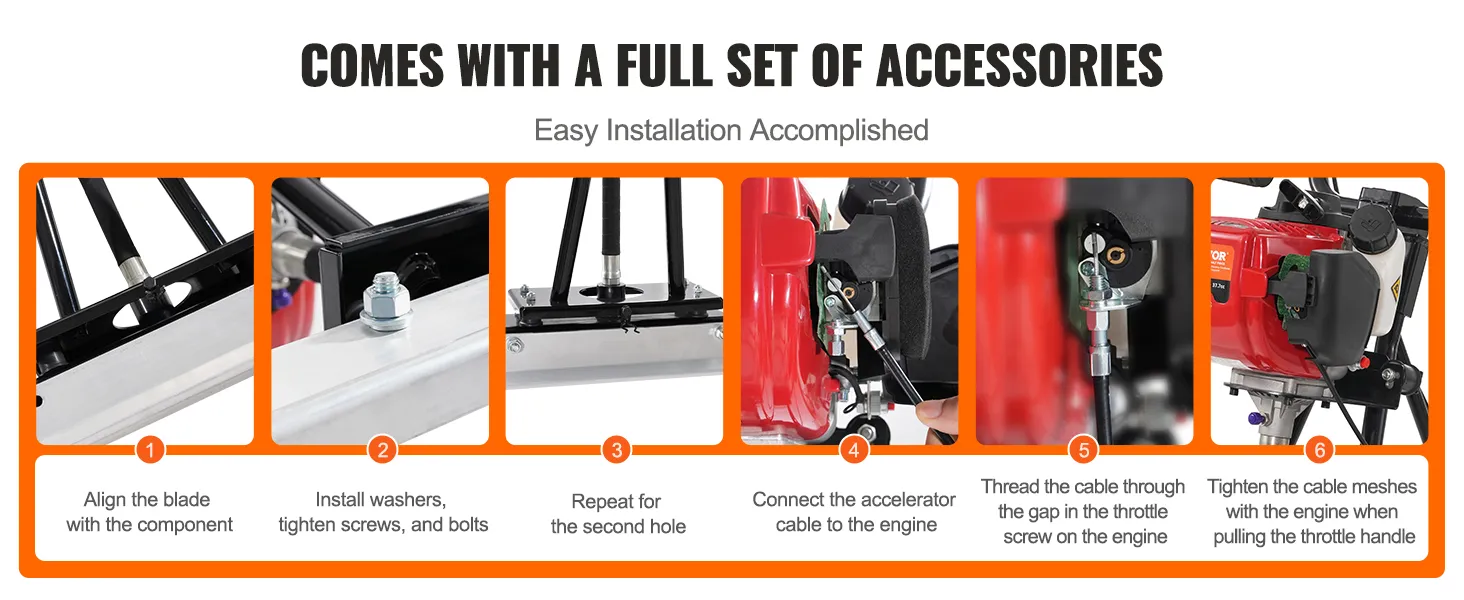 VEVOR gas concrete power screed assembly guide with six steps and full set of accessories.