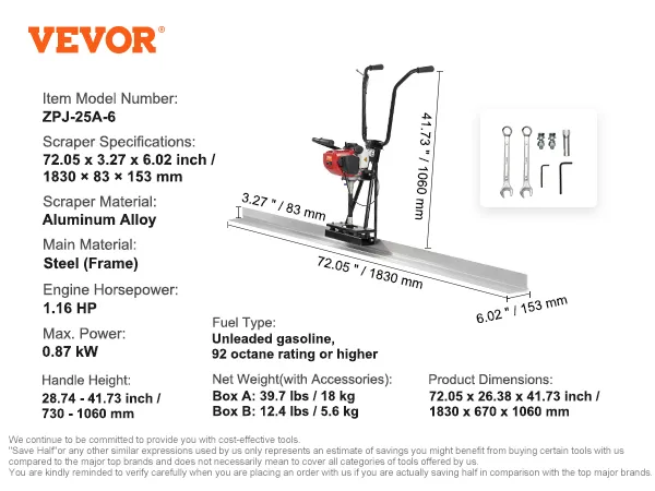 VEVOR gas concrete power screed with aluminum alloy scraper, 1.16 hp engine, and adjustable handle height.
