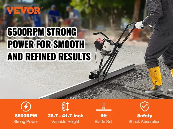 VEVOR gas concrete power screed in use, offering 6500rpm power and shock absorption for smooth results.