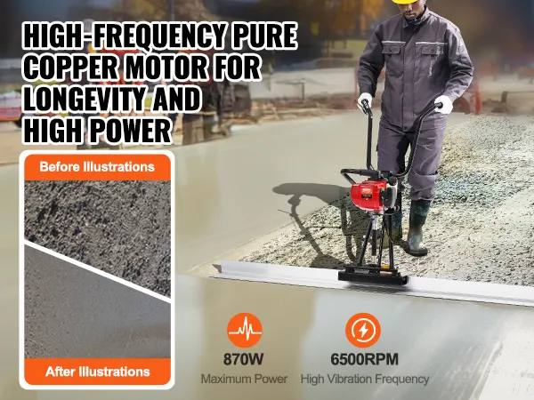 worker smoothing concrete with VEVOR gas concrete power screed, showcasing 870w, 6500rpm performance.