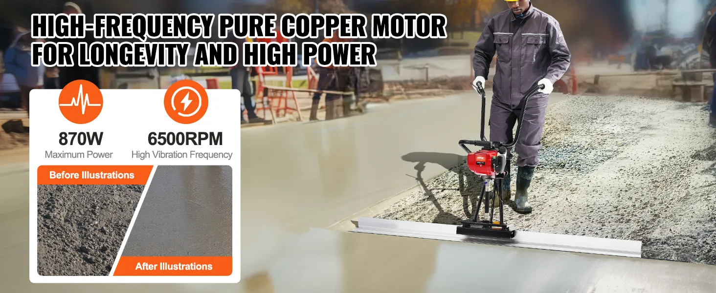 worker smoothing concrete with VEVOR gas concrete power screed, showcasing 870w, 6500rpm performance.