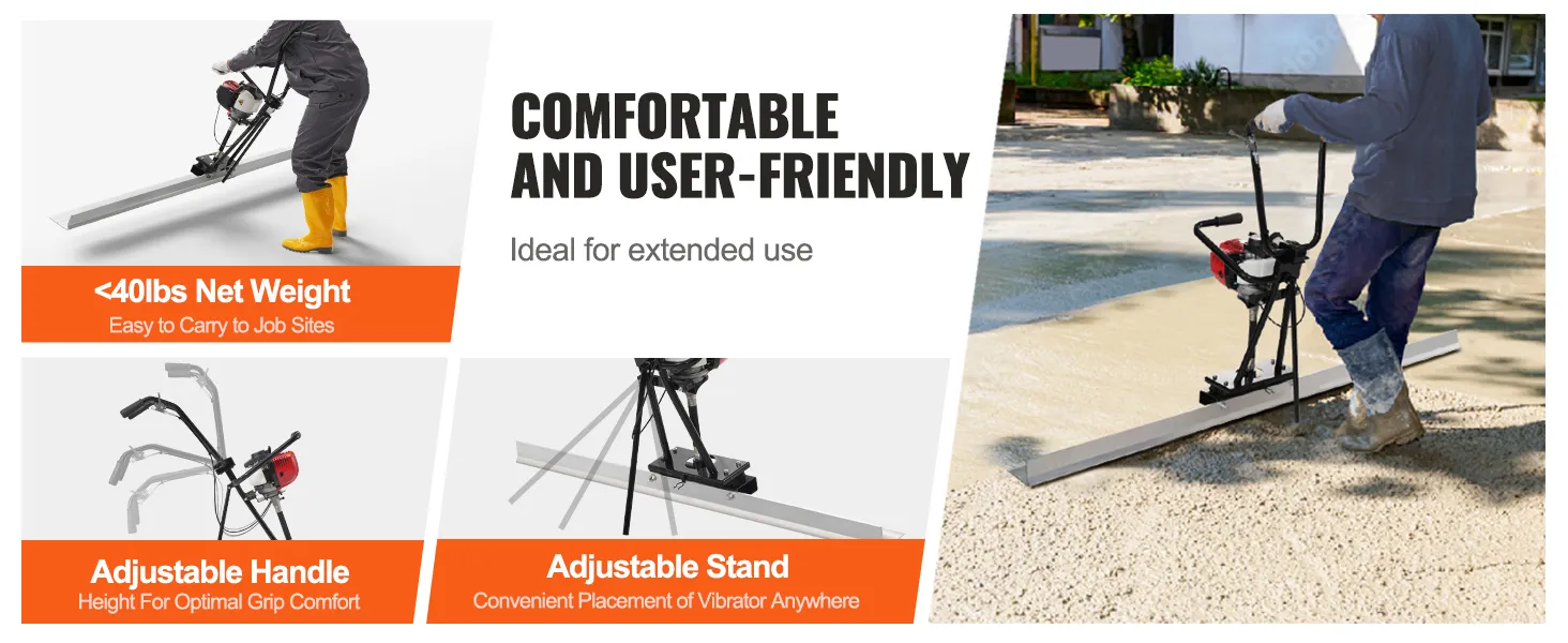 comfortable and user-friendly VEVOR gas concrete power screed, <40lbs, adjustable handle and stand.