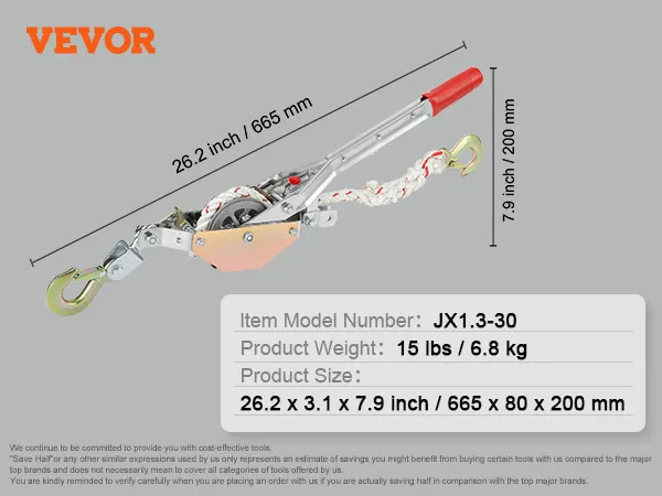 VEVOR rope puller jx1.3-30 dimensions: 26.2 x 3.1 x 7.9 inches, weight: 15 lbs.
