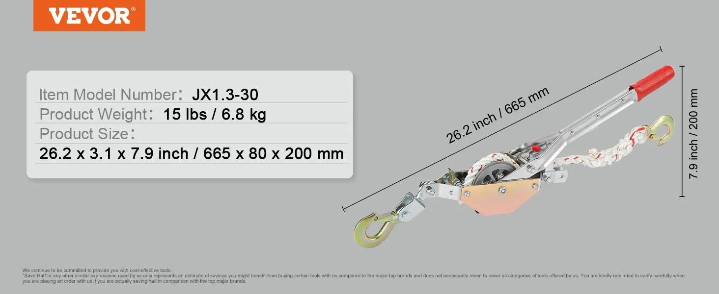 VEVOR rope puller jx1.3-30 dimensions: 26.2 x 3.1 x 7.9 inches, weight: 15 lbs.