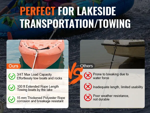 VEVOR rope puller towing inflatable boat with kids, highlighting benefits over other ropes.