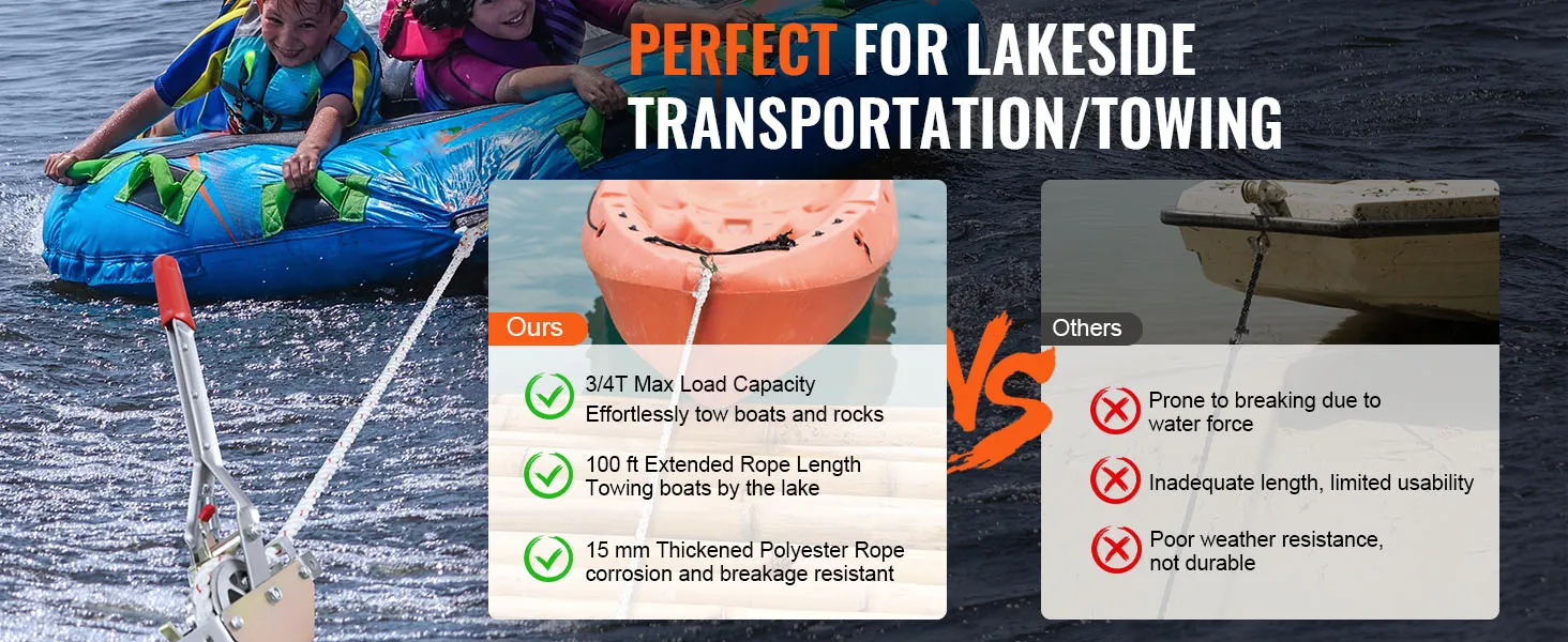 VEVOR rope puller towing inflatable boat with kids, highlighting benefits over other ropes.