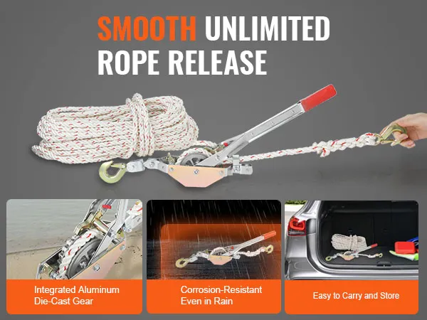 VEVOR rope puller with smooth release, corrosion resistance, and easy storage.