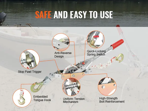 safe and easy to use VEVOR rope puller with anti-reverse design, quick-locking switch, and more.