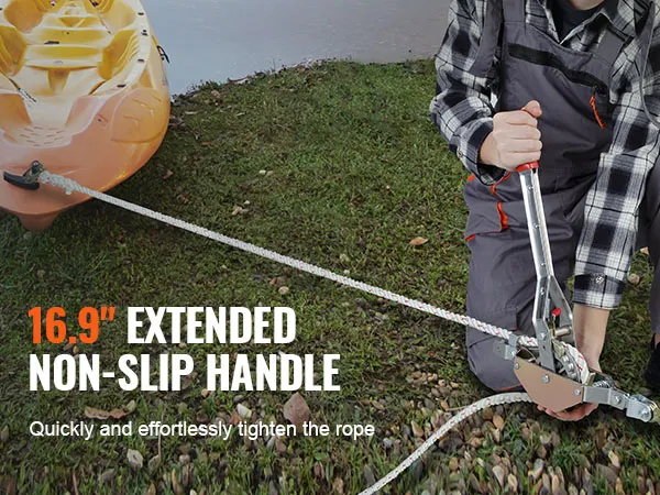 VEVOR rope puller with 16.9" extended non-slip handle tightening rope on a kayak by the shore.