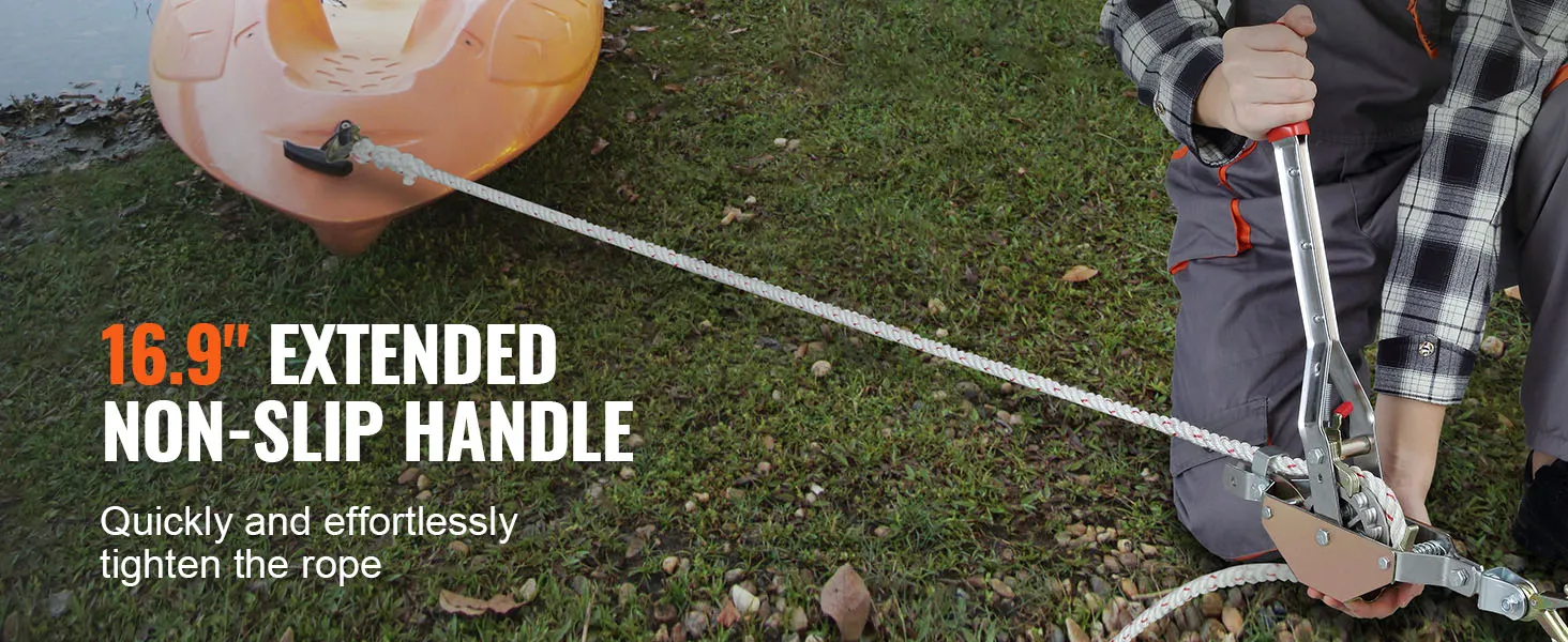VEVOR rope puller with 16.9" extended non-slip handle tightening rope on a kayak by the shore.