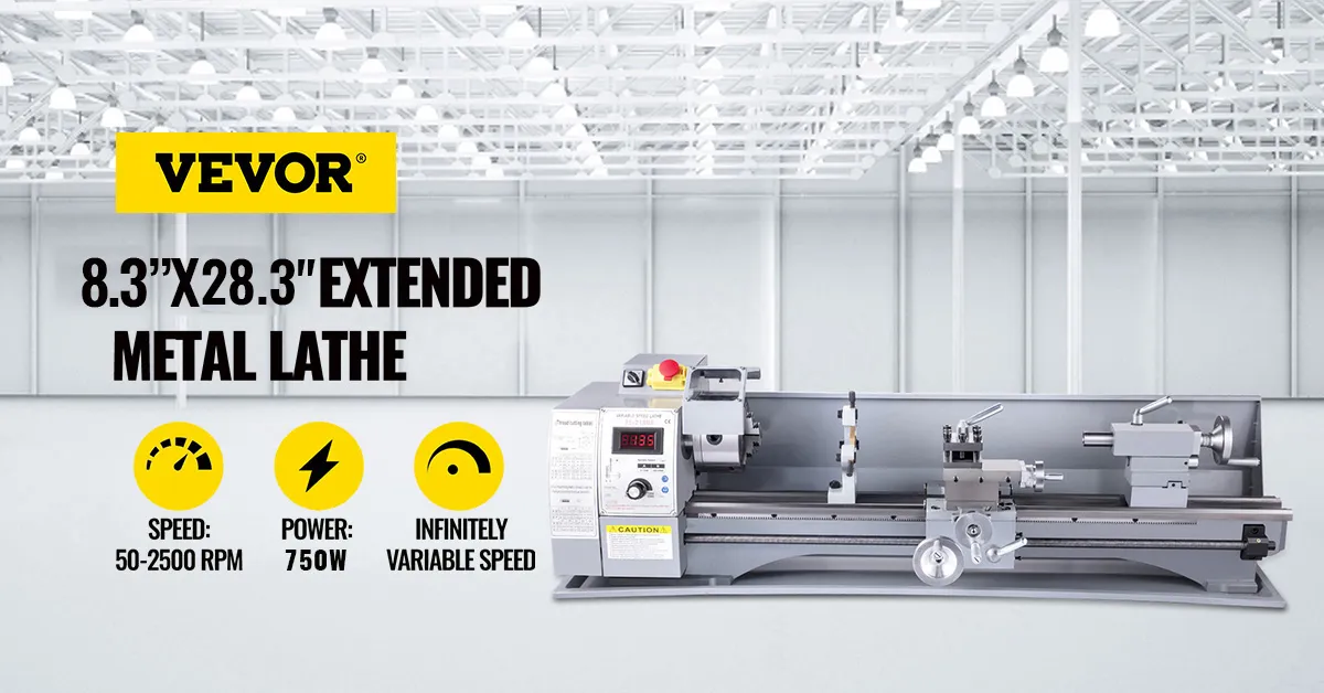 Torno de metal VEVOR 8"x32", 750w, 50-2500 rpm, velocidad infinitamente variable.