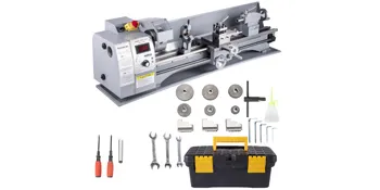 Torno de metal VEVOR con accesorios que incluyen llaves, tornillos y un estuche de herramientas negro.
