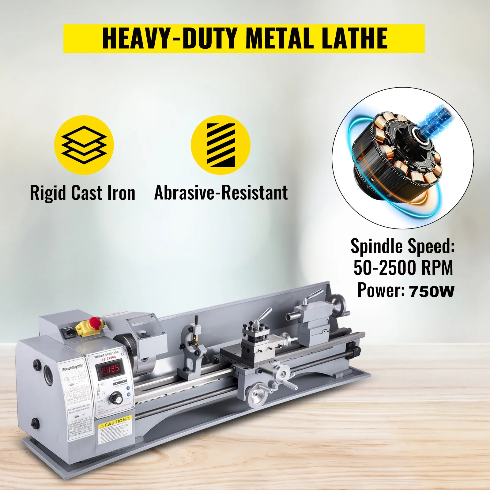 Torno de metal VEVOR: de alta resistencia, de hierro fundido rígido, resistente a la abrasión, 50-2500 rpm, 750w.