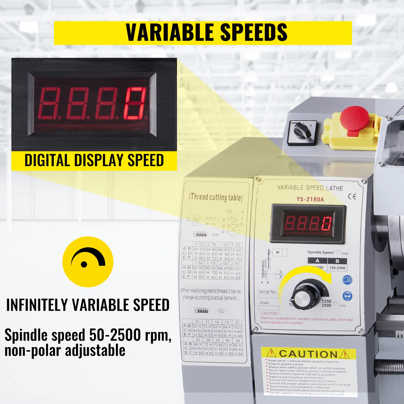 Torno de metal VEVOR con pantalla digital y velocidades variables ajustables.