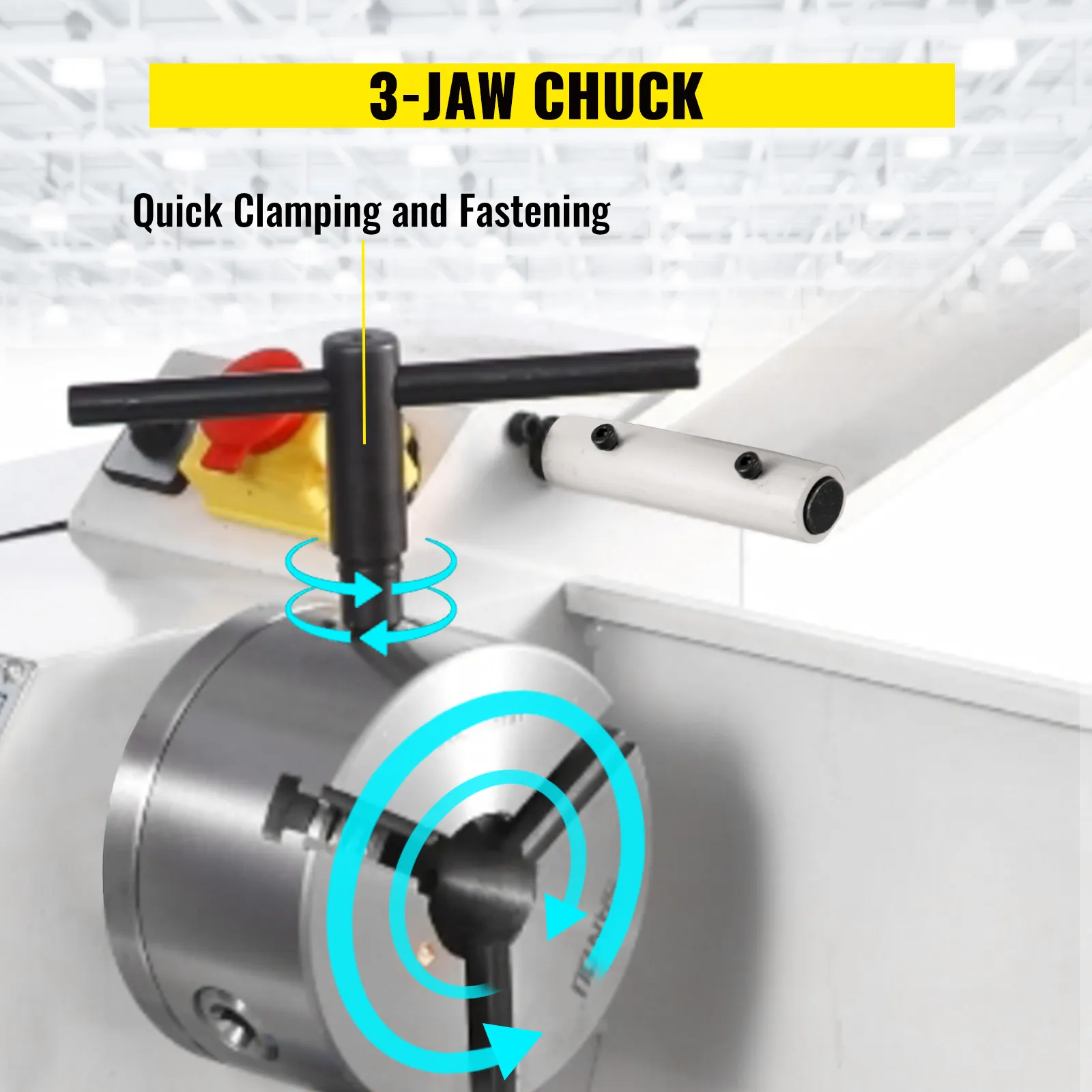 Torno de metal VEVOR que muestra un mandril de 3 mordazas con sujeción y fijación rápida.