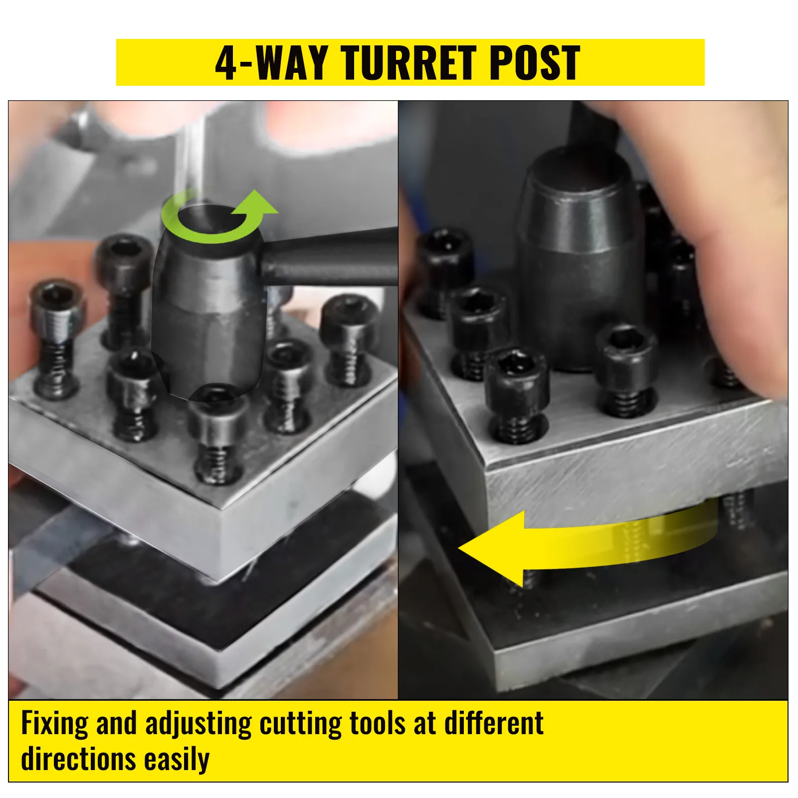 Poste de torreta de cuatro vías en uso en un torno de metal VEVOR para ajustar herramientas de corte.