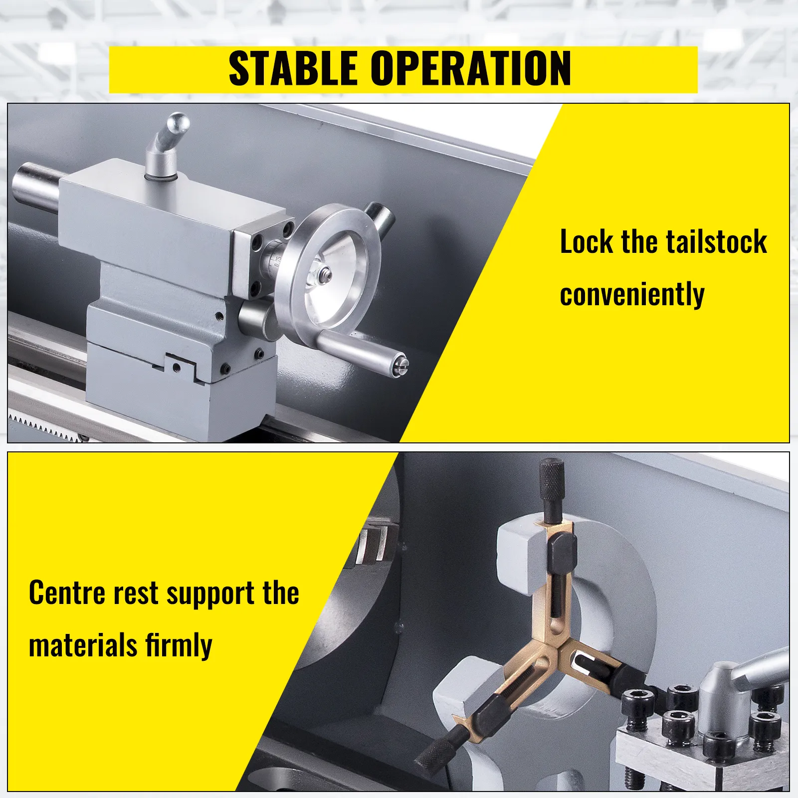 Torno de metal VEVOR: funcionamiento estable con bloqueo de contrapunto y soporte de apoyo central.