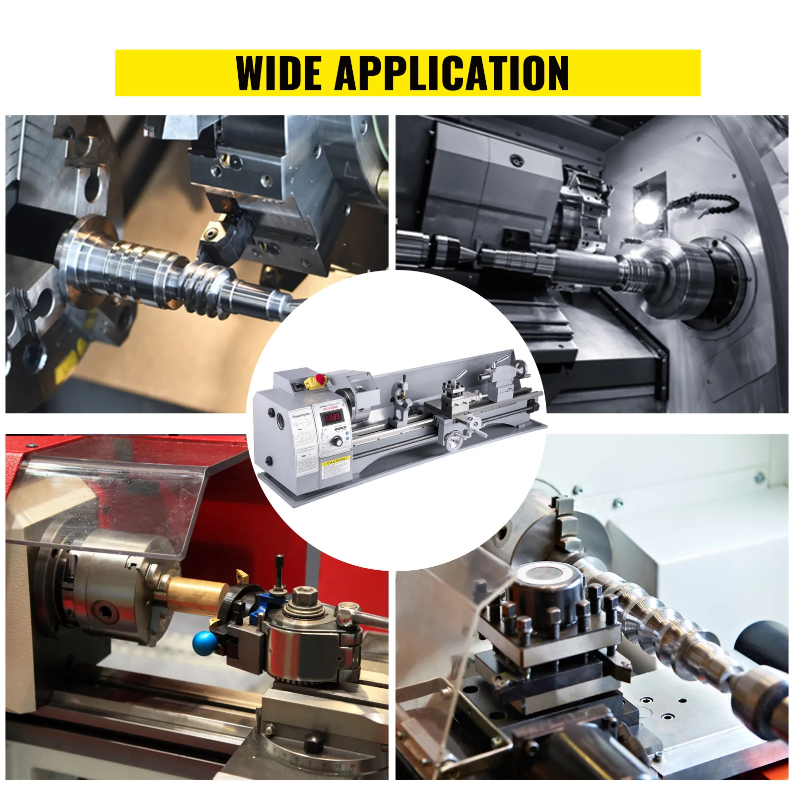 Torno de metal VEVOR utilizado en diversas aplicaciones de mecanizado con diversas configuraciones.