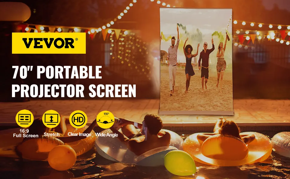 VEVOR projector screen at pool party with illuminated backdrop and people relaxing in floats.