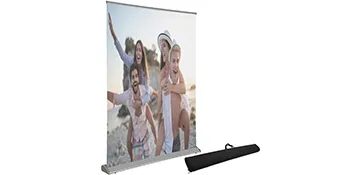VEVOR projector screen showing happy friends at the beach, with a black carry case.