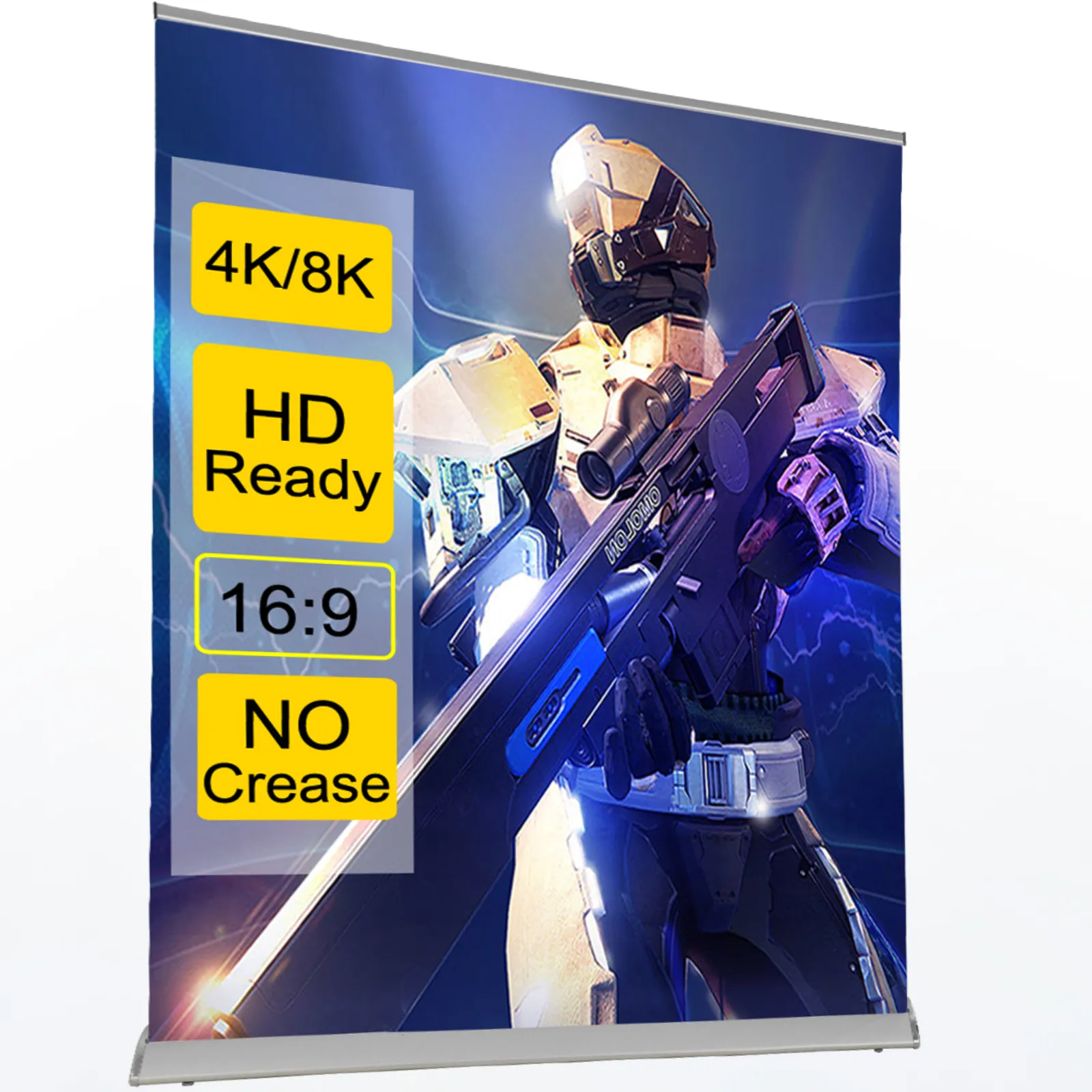 VEVOR projector screen, 4k/8k, hd ready, 16:9 ratio, no crease, featuring sci-fi robot.