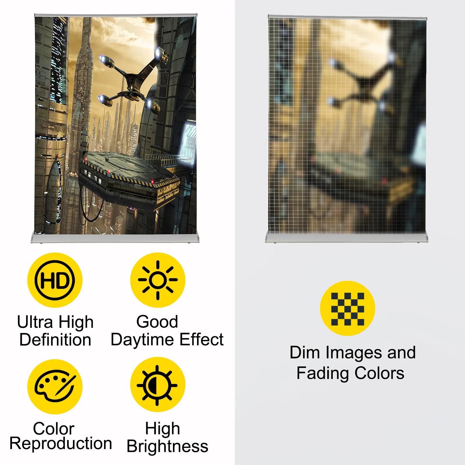 VEVOR projector screen showing clear hd image vs. dim, faded alternative screen.