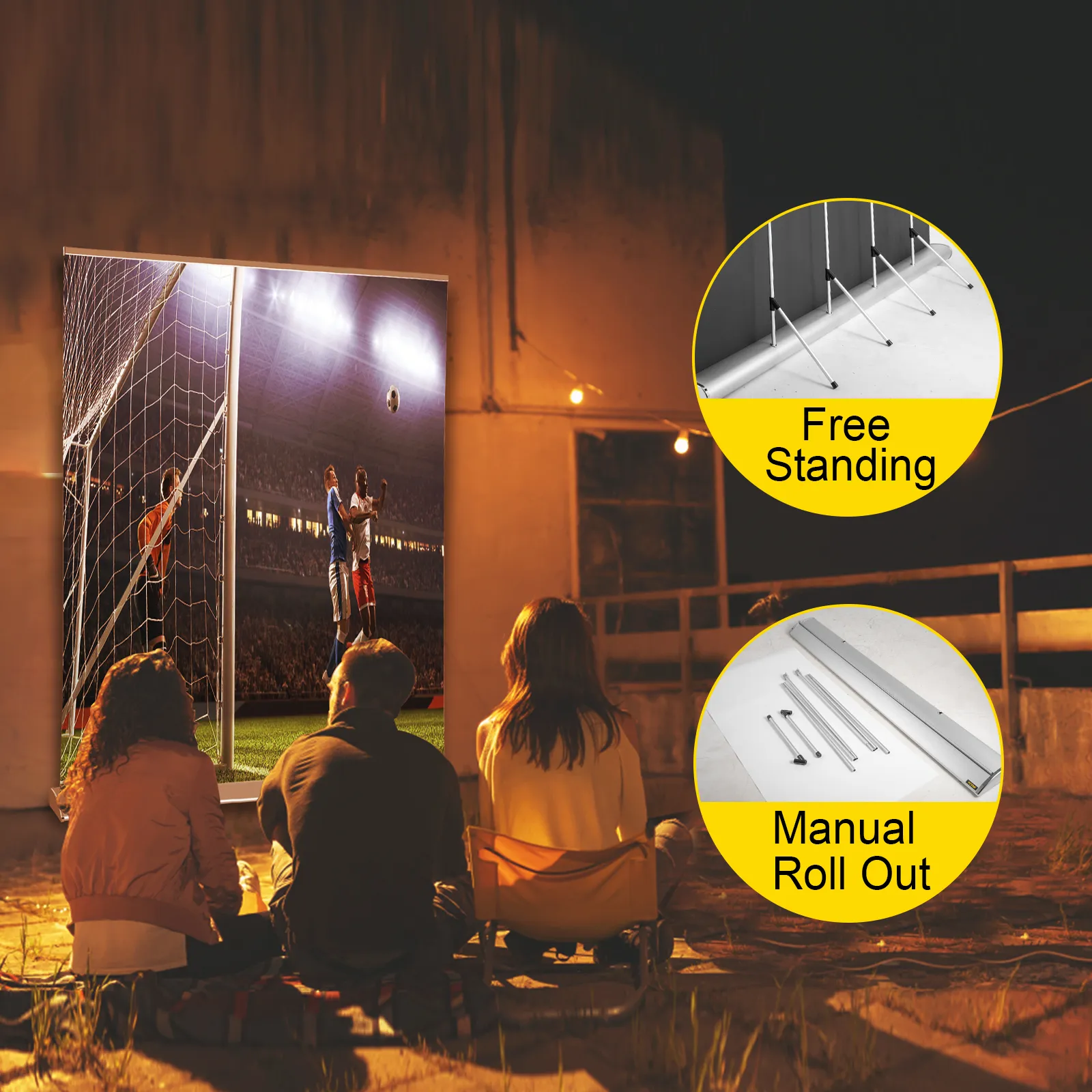 outdoor movie night with VEVOR projector screen featuring free-standing and manual roll-out options.