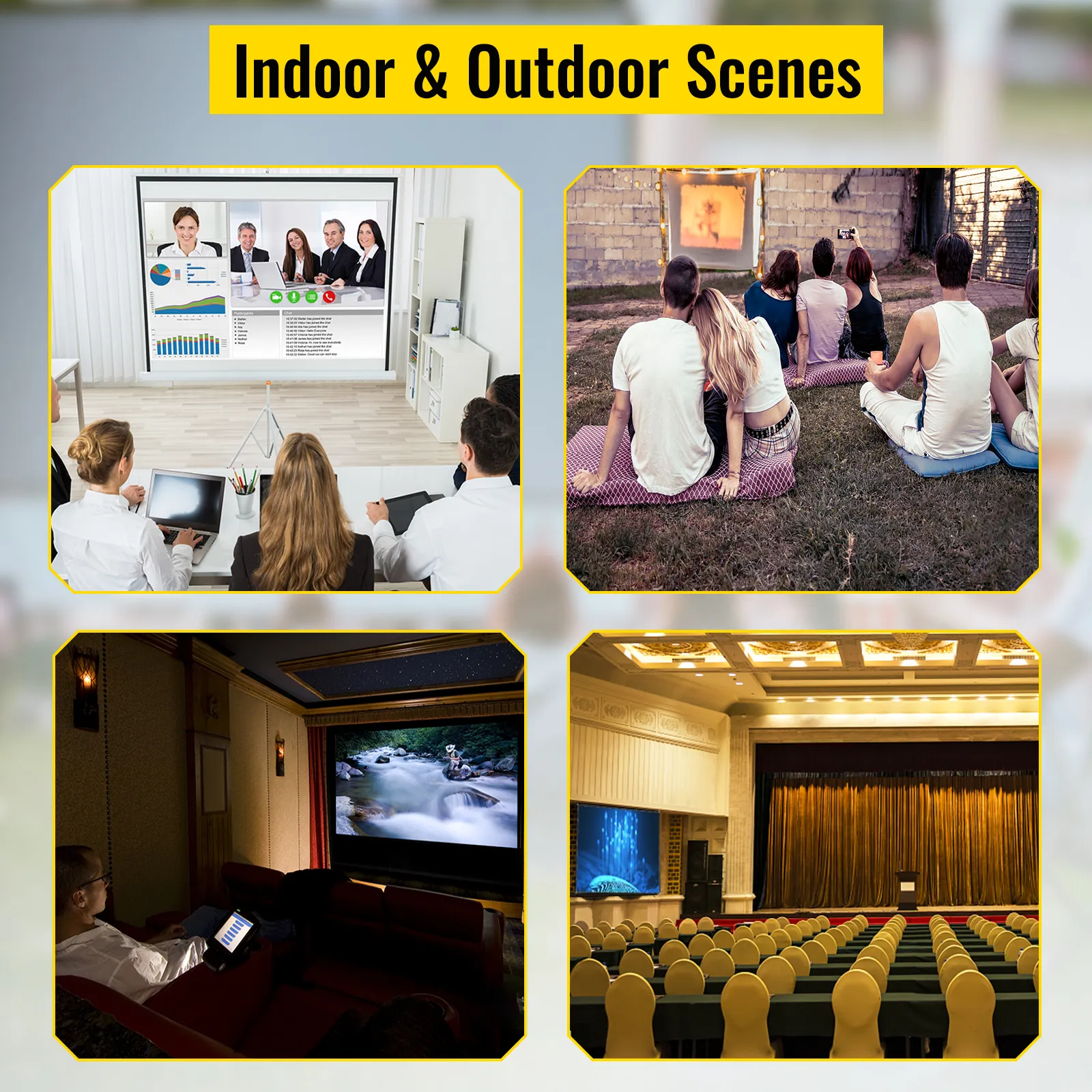 indoor and outdoor scenes showcasing VEVOR projector screen in various settings.