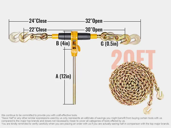 VEVOR ratchet chain binder with 20ft chain, showing closed and open measurements.