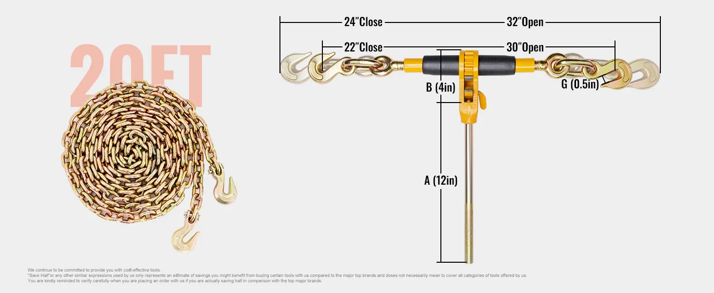 VEVOR ratchet chain binder with 20ft chain, showing closed and open measurements.