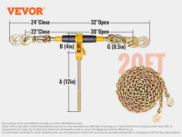 Tensor de cadena con trinquete VEVOR de 20 pies, especificaciones con medidas y cadena enrollada.