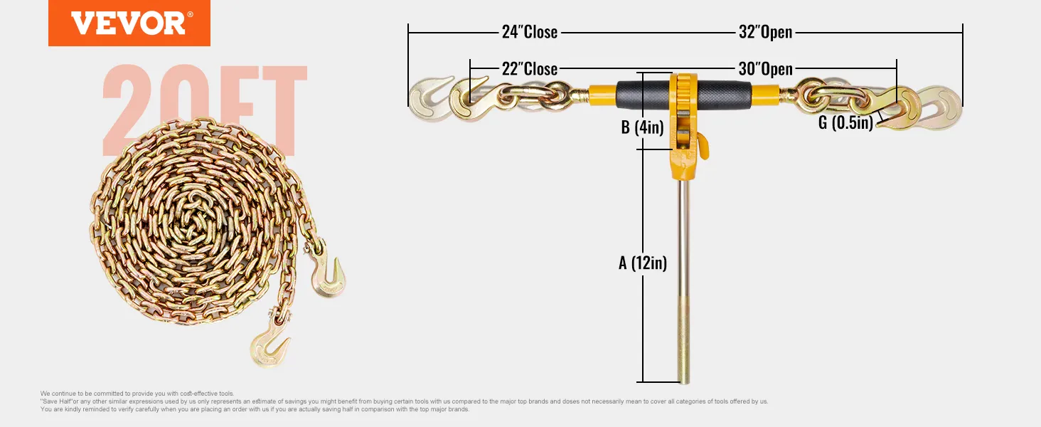 Tensor de cadena con trinquete VEVOR de 20 pies, especificaciones con medidas y cadena enrollada.