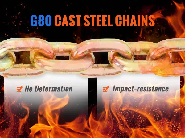 Cadenas de acero fundido g80 sin deformación y con cualidades de resistencia al impacto en medio de un fondo ardiente.