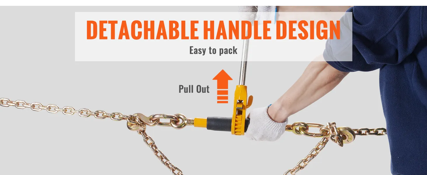 Alicates de cadena de trinquete VEVOR con diseño de mango desmontable, fácil de empacar y usar.
