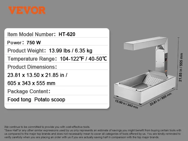 VEVOR frietwarmer ht-620, 750w, 104-122°f, afmetingen 23,81 x 13,50 x 21,85 inch.