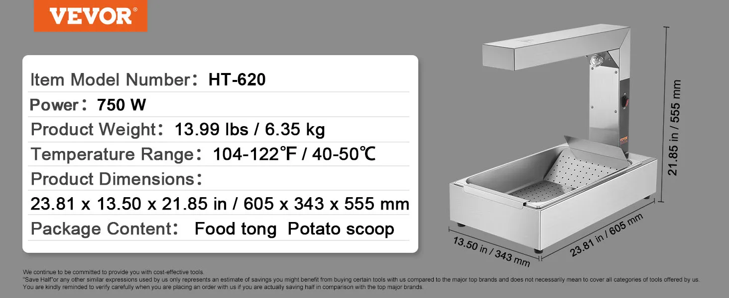 VEVOR frietwarmer ht-620, 750w, 104-122°f, afmetingen 23,81 x 13,50 x 21,85 inch.