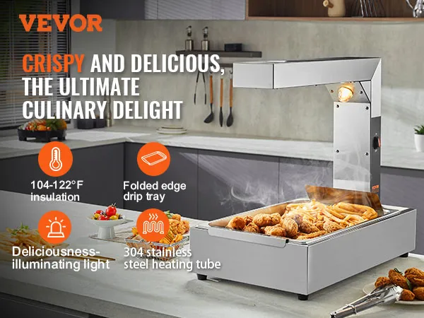 VEVOR frietwarmer in een moderne keuken, waar knapperige frietjes en gefrituurde kip onder warm licht worden gepresenteerd.