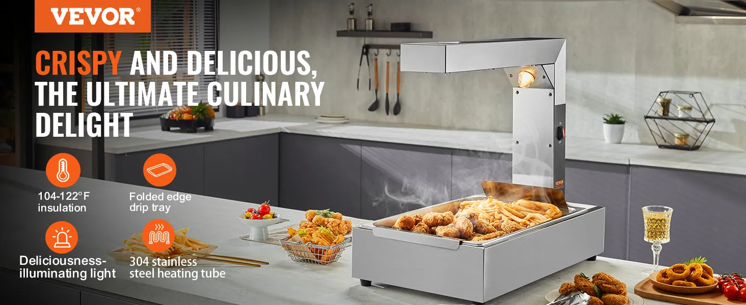 VEVOR frietwarmer in een moderne keuken, waar knapperige frietjes en gefrituurde kip onder warm licht worden gepresenteerd.