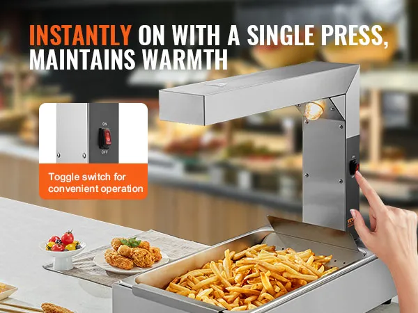 VEVOR frietwarmer met tuimelschakelaar, houdt frietjes warm met één druk op de knop, ideaal voor in een drukke keuken.