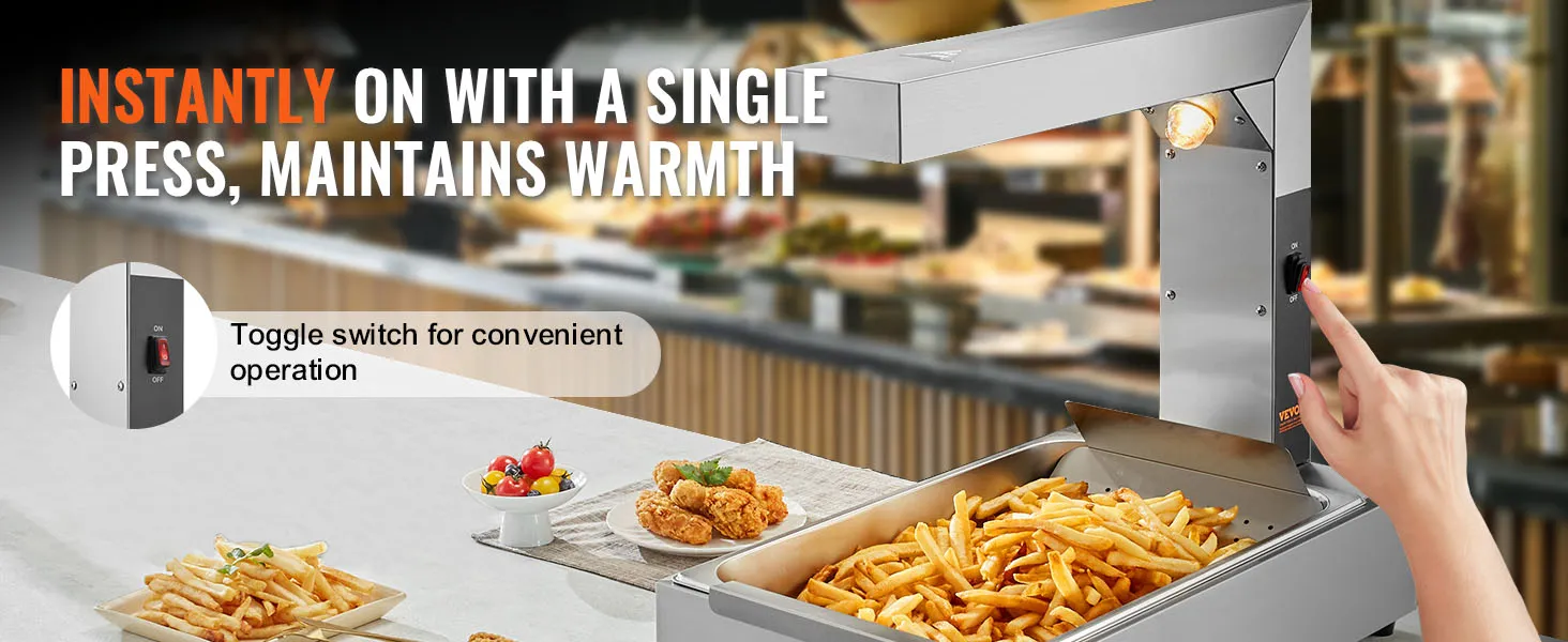 VEVOR frietwarmer met tuimelschakelaar, houdt frietjes warm met één druk op de knop, ideaal voor in een drukke keuken.