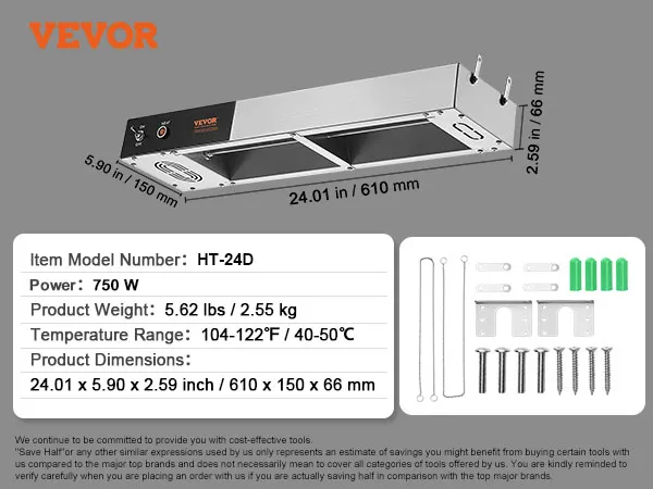 VEVOR Pommes-Frites-Wärmer ht-24d, 750 W, 2,6 kg, 104–122 °F, 51 x 15 x 6,5 cm, Zubehör inklusive.