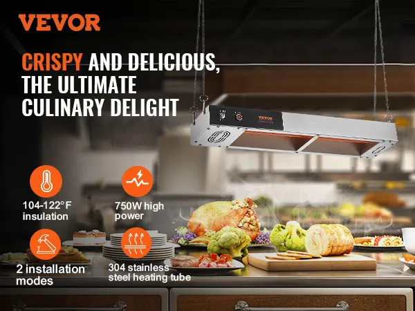 VEVOR Pommes-Frites-Wärmer – über leckeres Essen mit Temperatur-, Leistungs- und Installationsdetails.