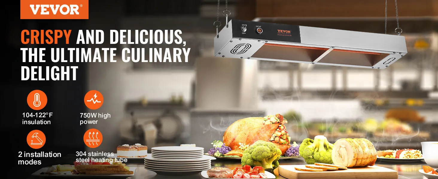 VEVOR french fry warmer above delicious food with temperature, power, and installation details.