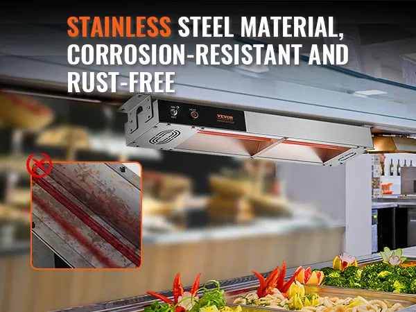 VEVOR Pommes-Frites-Wärmer, Edelstahl, korrosionsbeständig, rostfrei, Speisendisplay im Hintergrund.