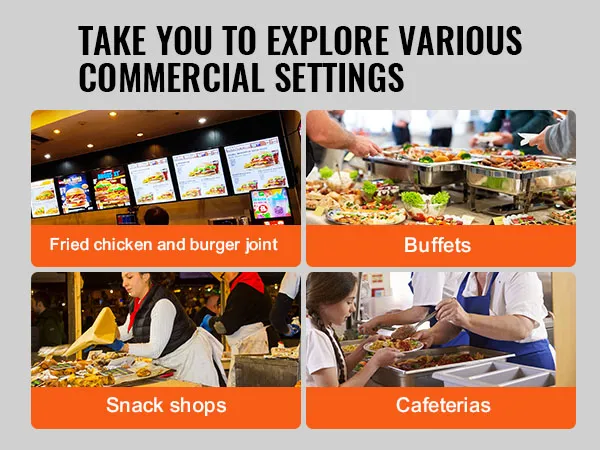 Hähnchenrestaurants, Buffets, Imbissbuden und Cafeterias präsentieren die Vorteile des Pommes-frites-Wärmers von VEVOR.