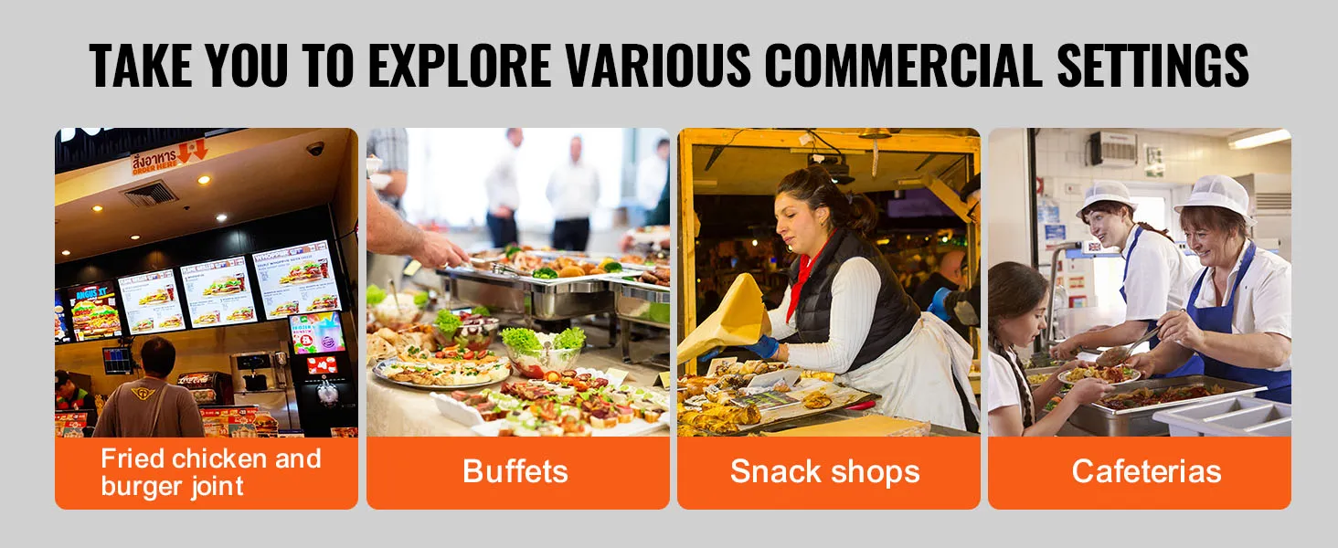 fried chicken joint, buffets, snack shops, and cafeterias showcasing VEVOR french fry warmer benefits.